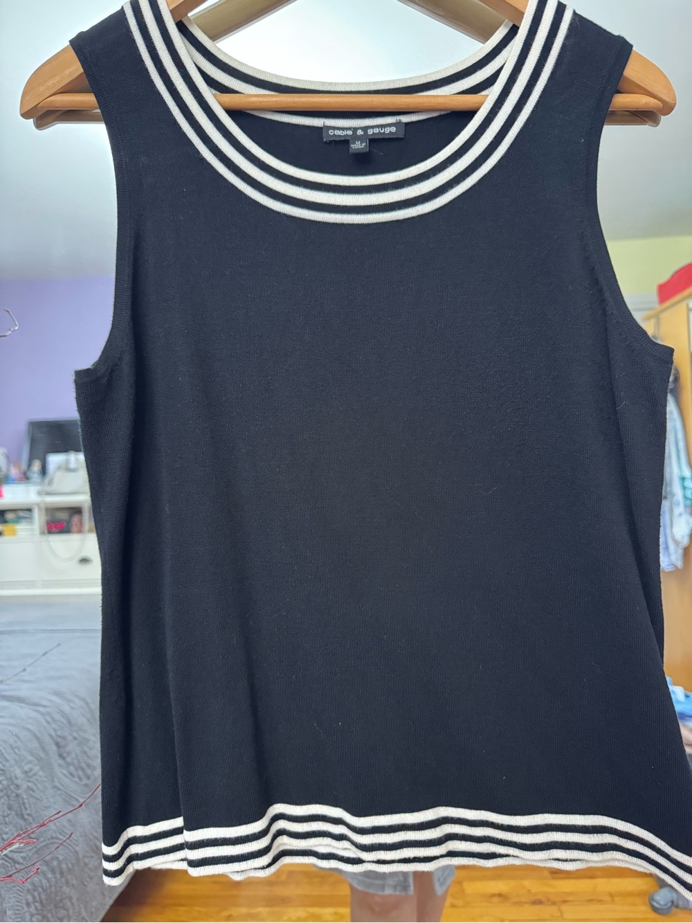 Cable & Gauge Black Knit Tank with White Striped Trim